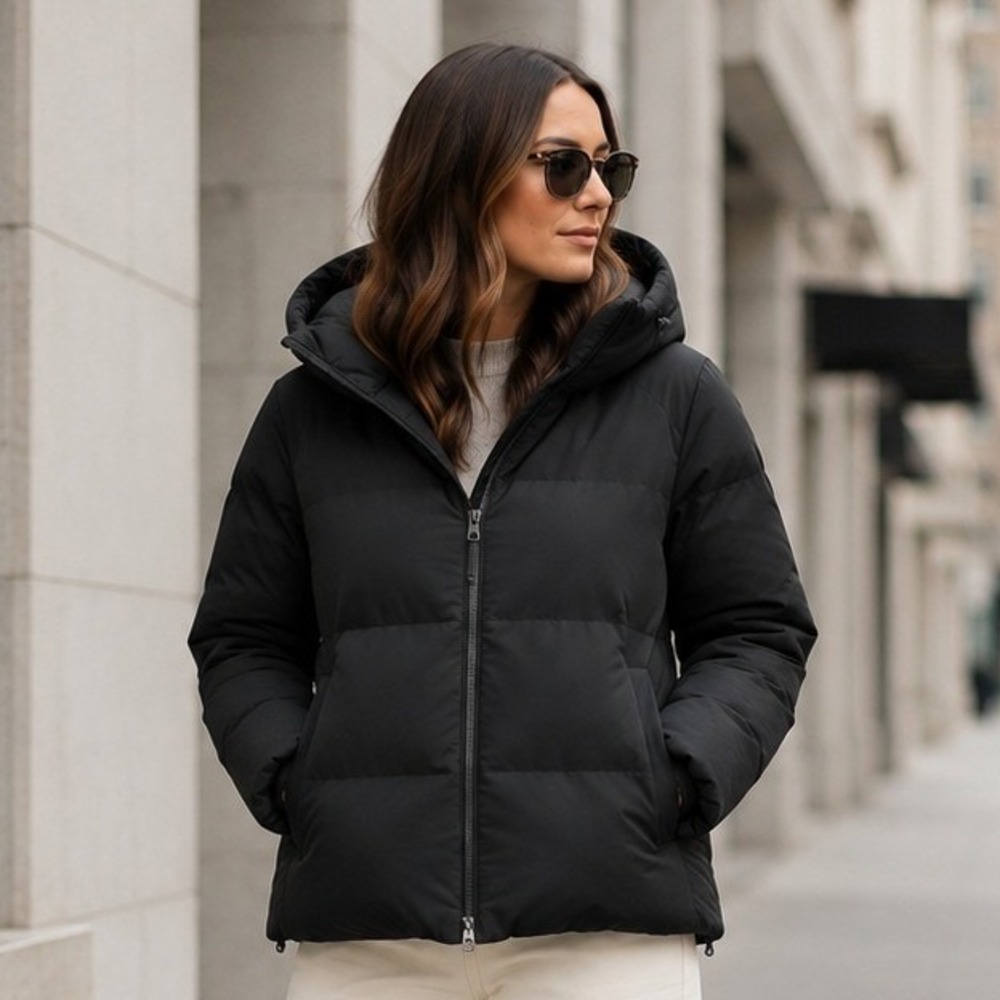 Uniqlo Womens Seamless Down Parka M Black 750 Fill Windproof Hooded Puffer Coat